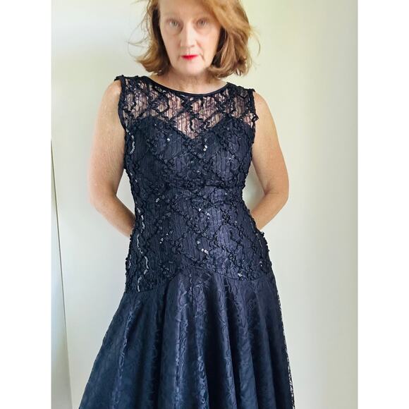 Vintage 80s Formal Party Dress Black Lace Sequin Midi Fit Size Medium Fitted - Picture 7 of 12